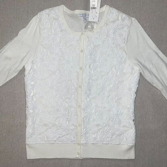 New York & Company | NWT Ivory & White Lace Front 3/4 Sleeve Cardigan | LP - Picture 3 of 8